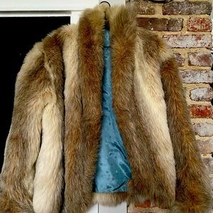 Vintage Faux Fir Coat - Tan & Brown w Blue Detail